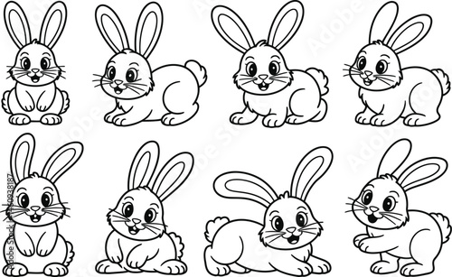 Adorable collection of cartoon rabbits outlines in various poses perfect for easter designs