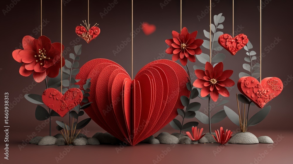 Romantic Red Paper Heart Flowers Valentine s Day Background