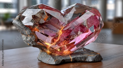 Obraz na płótnie Pink Crystal Heart Gemstone on Rock Minimalist Clean Elegant Luxury w salonie