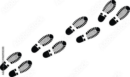 Black bootprints on a white background representing movement and following a path