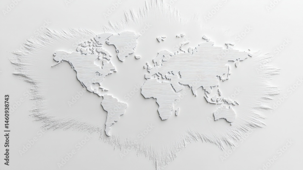 3D World Map Relief Global Minimalist Design White Texture Background