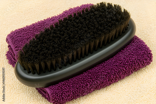 High-quality close-up of a black horsehair brush resting on a purple microfiber cloth, ideal for cleaning and grooming.
