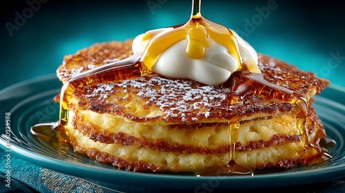 Obraz na płótnie Delicious Pancakes with Syrup and Whipped Cream Breakfast Food Photography w salonie