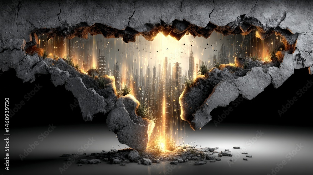Cracked Concrete Wall Reveals Futuristic Cityscape Grunge Texture Background
