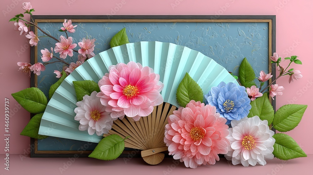 Elegant Paper Flowers Fan Cherry Blossoms in Frame