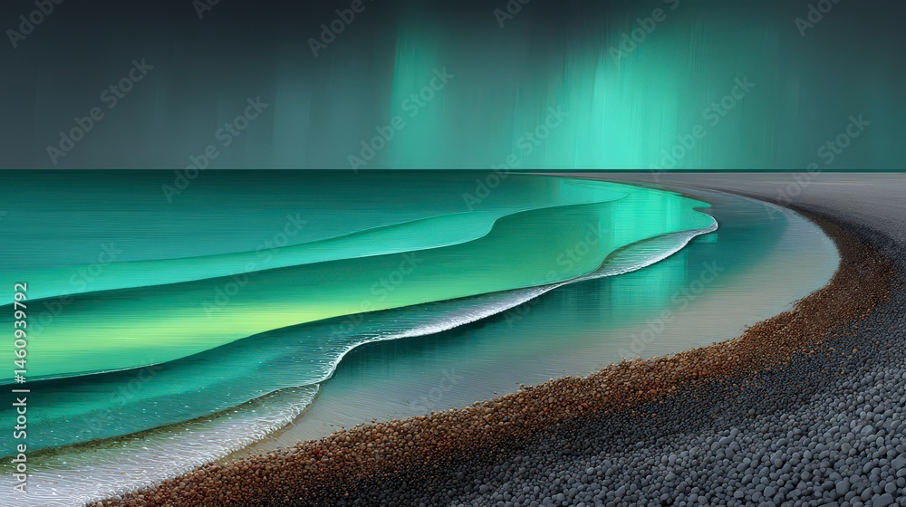Serene Seascape Minimalist Beach with Northern Lights Reflection