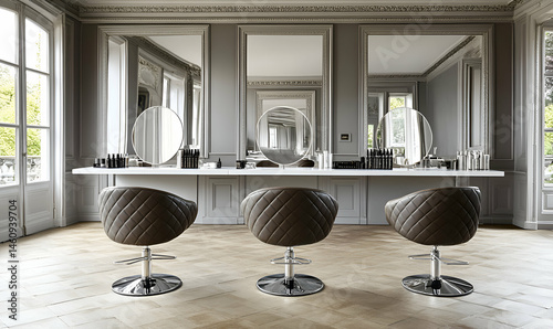 Elegant hair salon interior with three stylish brown leather chairs and large mirrors, showcasing a luxurious and sophisticated atmosphere.