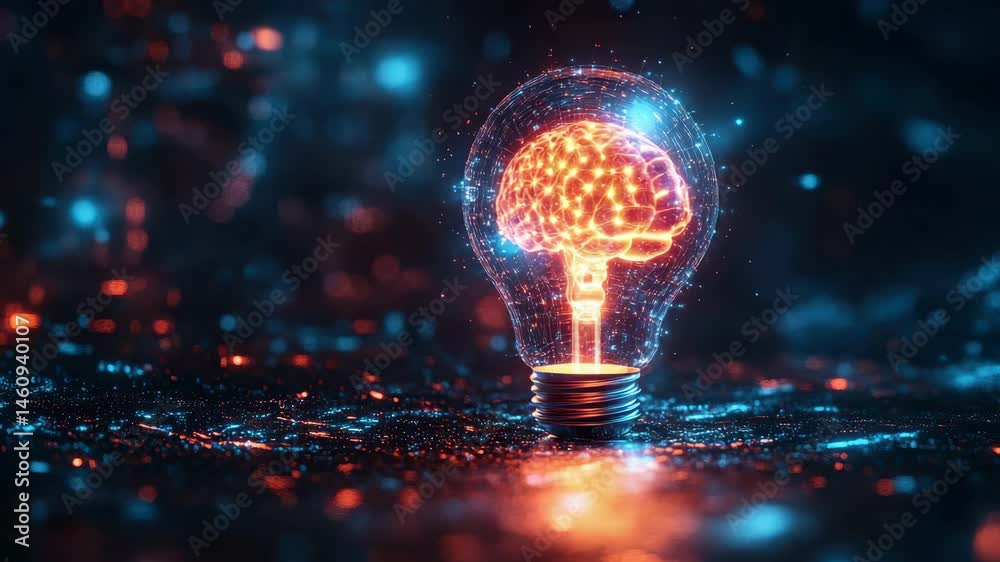 Light bulb with a brain inside of it. The bulb is lit up and surrounded by a blue and red background. Concept of creativity and innovation