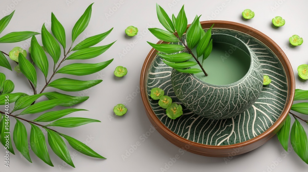Serene Spa Scene Green Tea Plants Minimalist Decor
