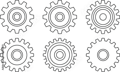 Six black and white gear illustrations in a mechanical or industrial design style