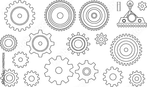 Collection of various mechanical gears and cogs in detailed black and white outline