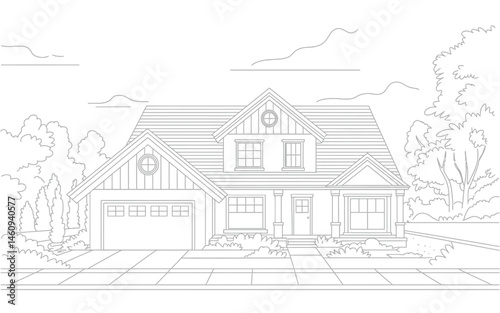 Detailed line art illustration of a modern american suburban house with landscape