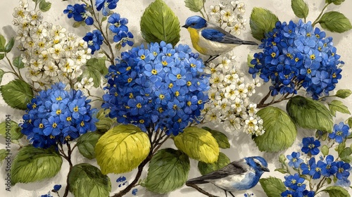 Elegant Blue Hydrangea Floral Pattern with Birds  Watercolor Painting  Botanical Illustrat