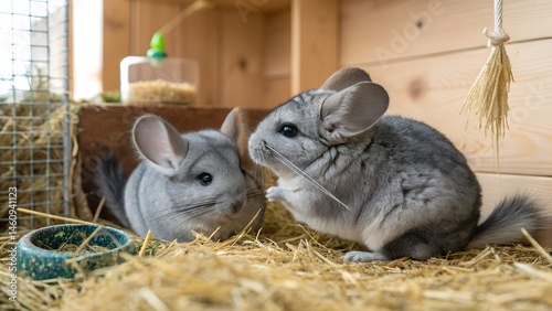 Chinchillas' Playful World: Capture the playful essence of these delightful chinchillas as they explore their cozy wooden enclosure. It's a charming peek into their daily lives.