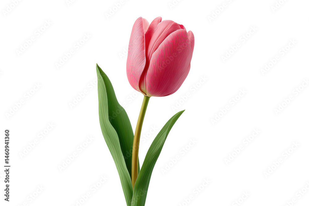 Naklejka premium Single pink tulip flower with green leaves isolated on transparent background