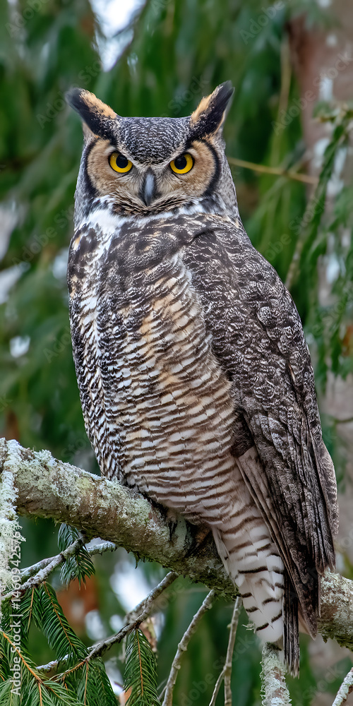 Obraz premium Majestic Owl at Twilight on a Gnarled Tree Branch