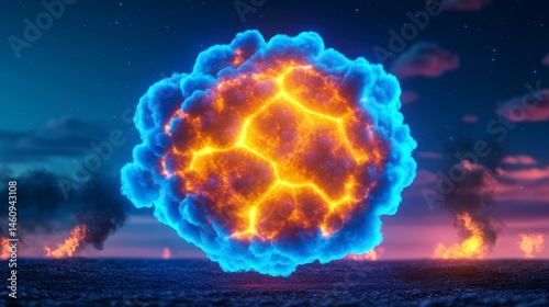 A dramatic depiction of a glowing, abstract cloud formation radiating warm orange and blue hues amidst a surreal landscape