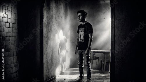 A young man in a black t-shirt and jeans stands pensively in a dimly lit hallway, his shadow cast on a textured wall, suggesting a moment of contemplation or uncertainty.
