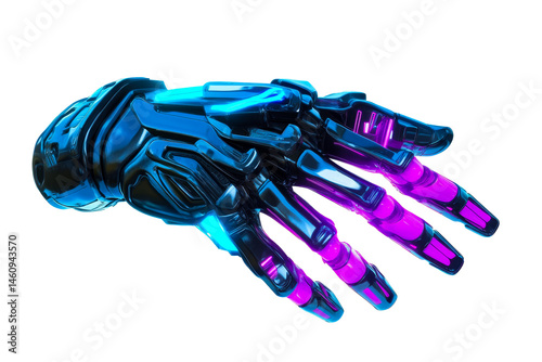 Chrome cybernetic hand, blue and purple glow effects, cut out transparent