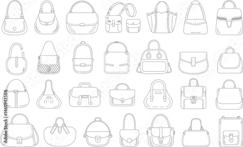 Vector illustration of a collection of stylish handbags and purses with different shapes