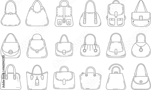 Set of vector illustrations featuring different styles of women's handbags and purses in outline