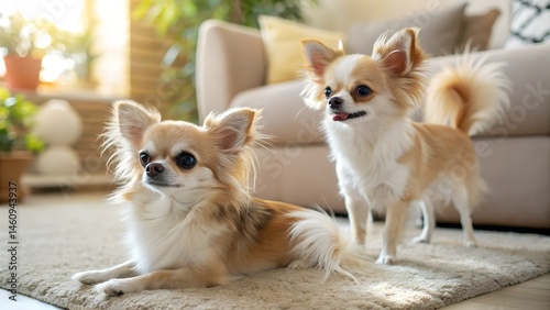 Charming Duo: Two long-haired chihuahuas, captured in a sunny indoor shot, exude charm and elegance against a warm, inviting interior setting.