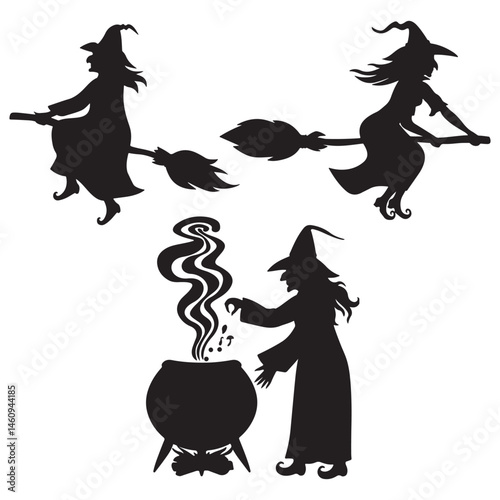Witch silhouette, Witch broom illustration, silhouette, Witch broom vector, set icon, silhouette, Witch broom