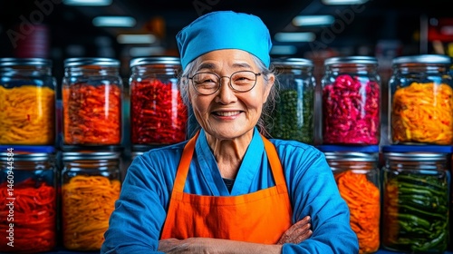 An elderly woman proudly smiles in a vibrant marketplace, surrounded by colorful jars of pickled vegetables, showcasing her culinary passion.