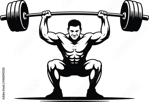 Muscular athlete performing weightlifting squat with heavy barbell in black and white silhouette