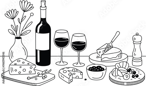 Elegant black and white illustration of wine cheese and charcuterie board for dinner party
