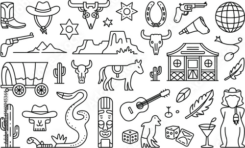 Collection of western american icons and illustrations depicting cowboys and vintage wild west elements