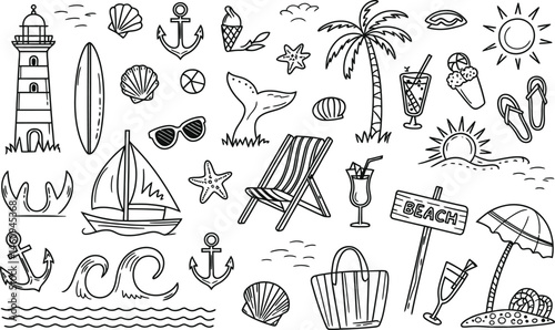 Hand drawn beach elements illustration including sailboat lighthouse seashells and other summer icons