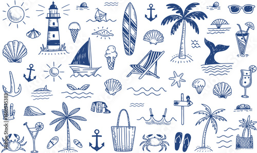 Hand drawn summer beach and vacation doodles in blue and white perfect for backgrounds.
