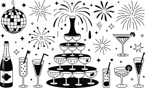 Festive black and white celebration vector with champagne tower cocktails fireworks and disco ball