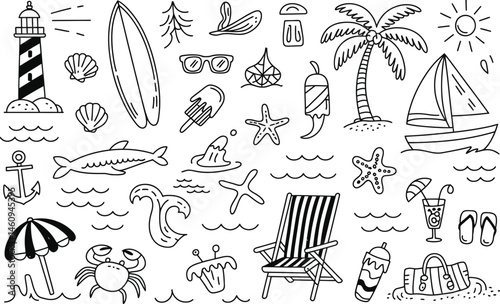 Hand drawn beach and summer icons collection of ocean and leisure related elements