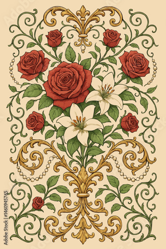 Vintage Floral Rose and Lily Ornament Design with Elegant Scrollwork