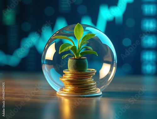 Green Sprout Emerging from Glowing Coins Under a Holographic Dome with Digital Growth Graphs. AI-generated photo