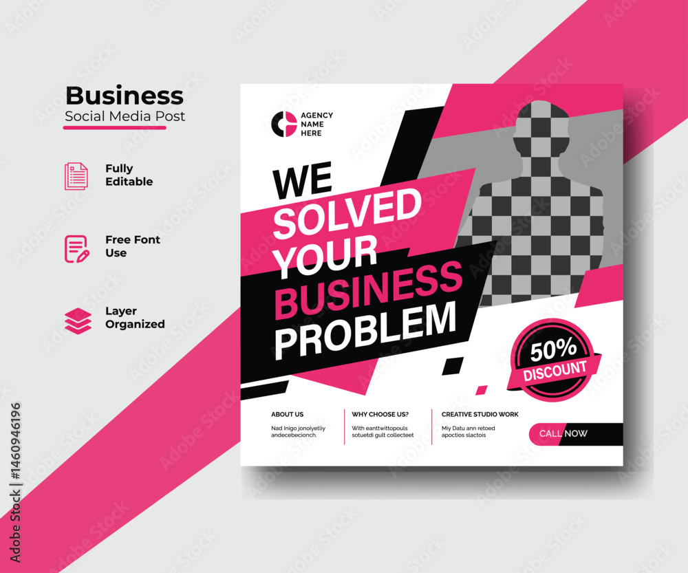 Fototapeta premium Professional Corporate Business Postcard Template with Angular Shapes – Pink, Black & White Professional Design