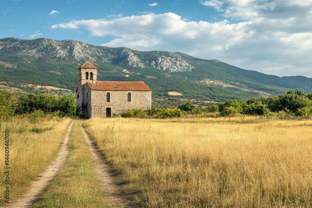Rustic church nestled in a golden field, beneath a dramatic sky, with mountains in the backdrop Rustic church nestled in a golden field, beneath a dramatic sky, with mountains in the backdrop