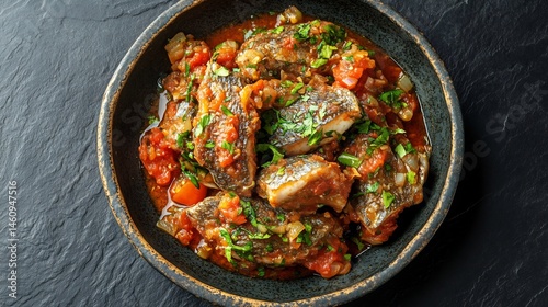 Regular view of Makayabu Congolese salted fish cooked tomatoes onions plated a rustic dish against black stone background strong flavors African comfort food cut out on isolated transparent background