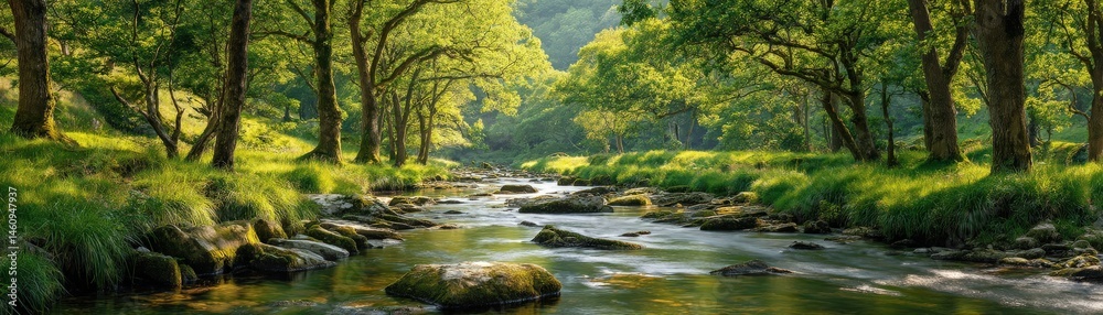 Fototapeta premium A serene forest stream flows through lush greenery and sunlight, surrounded by trees and rocks in a peaceful natural landscape.