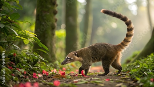 Coati in the Sunlight: A captivating image of a coati navigating a verdant trail, its long tail held high as it traverses a forest environment.