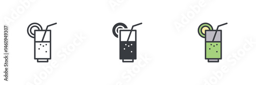 Glass of juice with lime and straw different style icon set