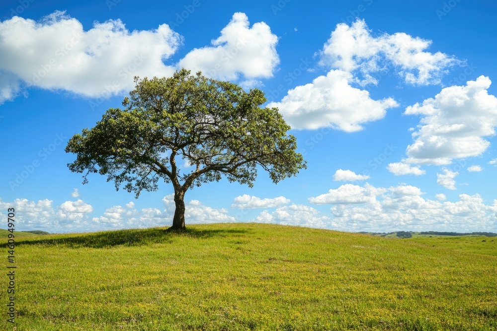 Solitary tree on a grassy hill under a vibrant blue sky with fluffy clouds Solitary tree on a grassy hill under a vibrant blue sky with fluffy clouds