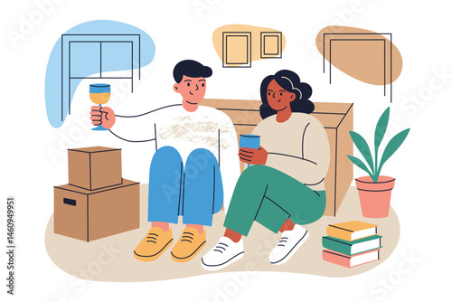 Vector flat cartoon illustration of couple celebrating move to new home. Man and woman sitting on floor among boxes, drinking champagne, resting after moving day composition, isolated colored clipart