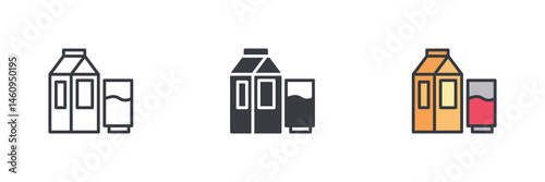 Carton of juice next to a glass different style icon set