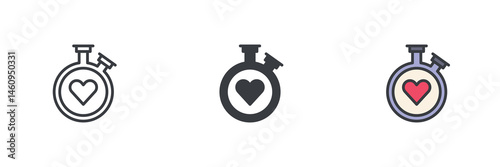 Stopwatch with heart different style icon set