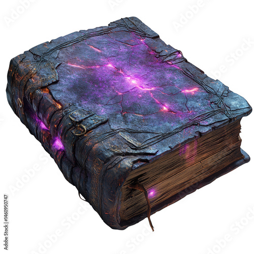 Old magical spellbook with glowing purple energy ancient tome of knowledge and arcane secrets illustration on transparent background