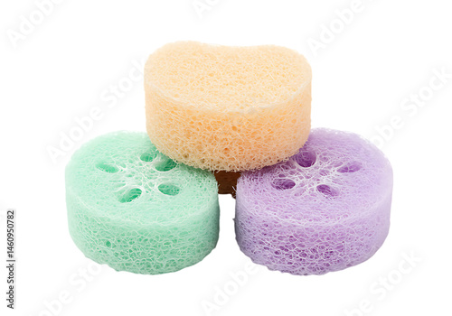 Three Colorful, Textured Sponges in Stacked Arrangement with Unique Shapes.