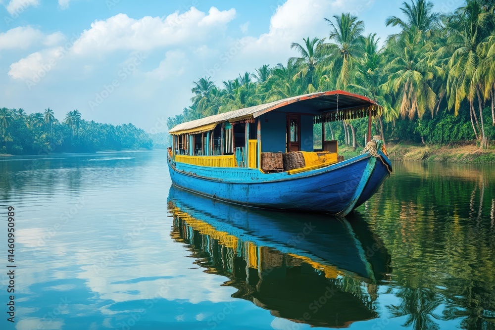 Fototapeta premium Colorful boat on serene river, lush tropical banks